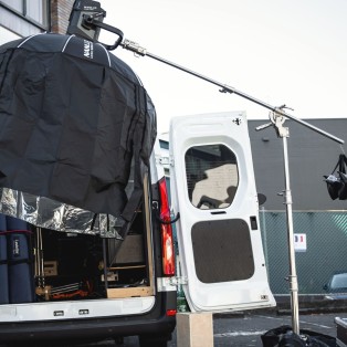 lighting hire - Our crew getting the gear prepped in our Gaffer truck to go out on set Joel Black on set with the Nanlux Evoke 1200 light and 120cm Lantern